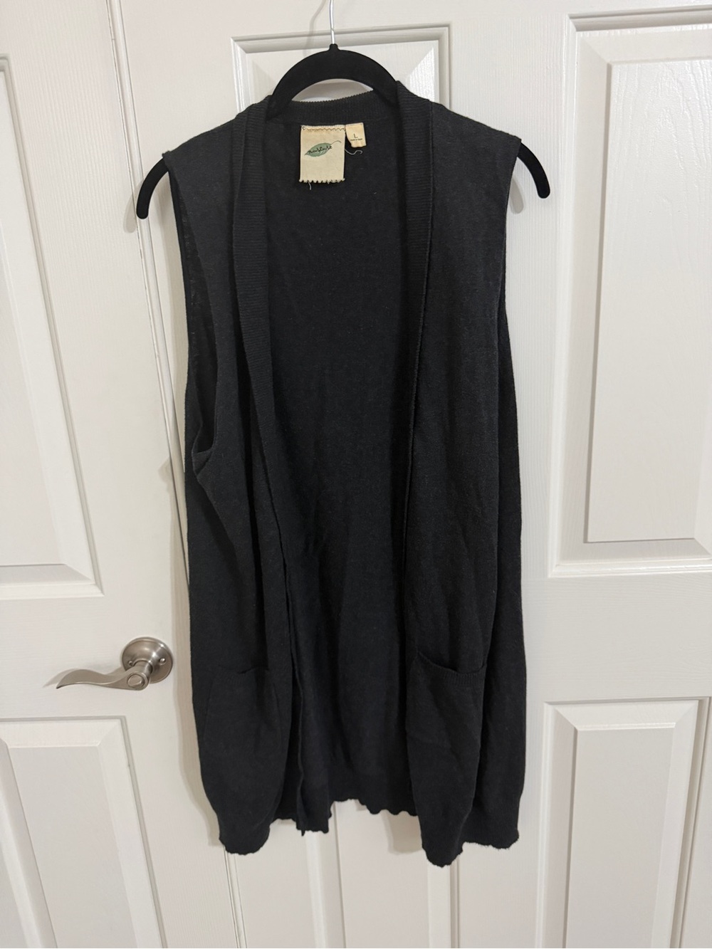 Nurture Black Cotton Alpaca Sleeveless Long Duster Sweater Vest Pockets L